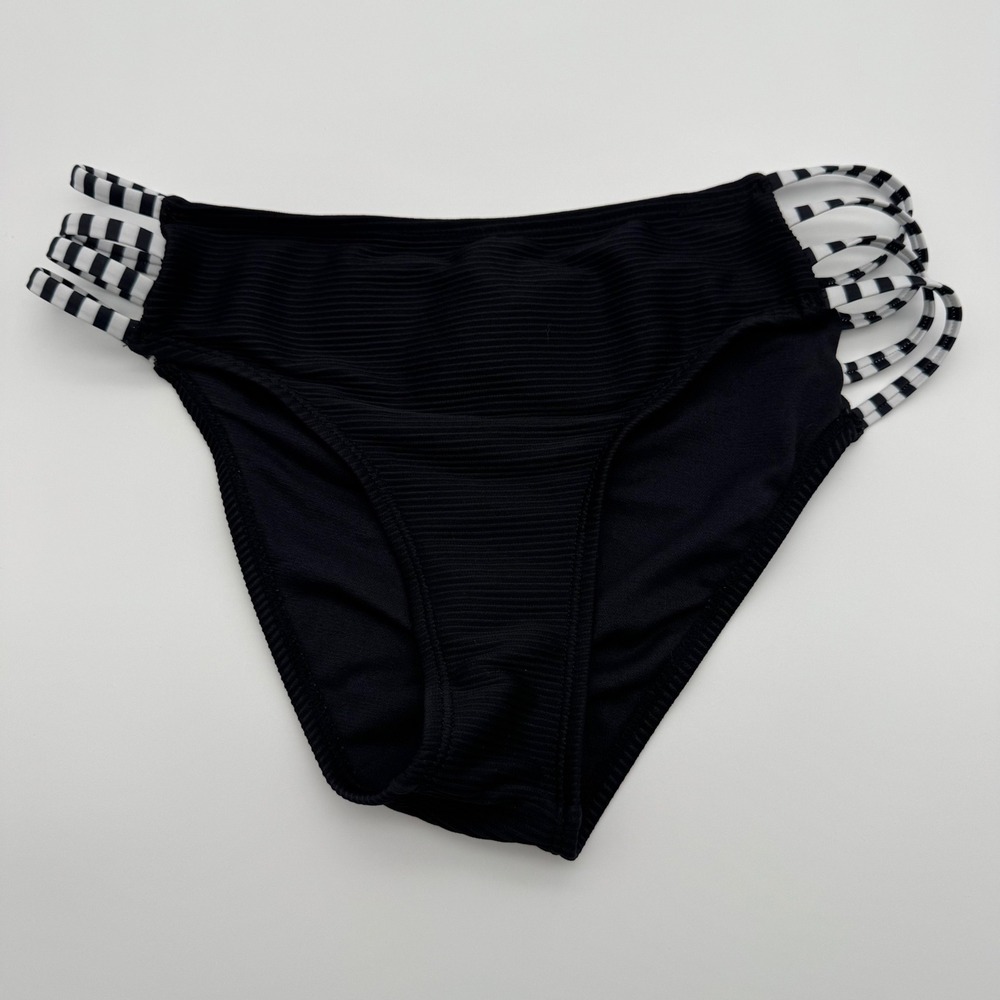 Cupshe Womens Black Ribbed Bikini Bottom Striped Strappy Sides Small